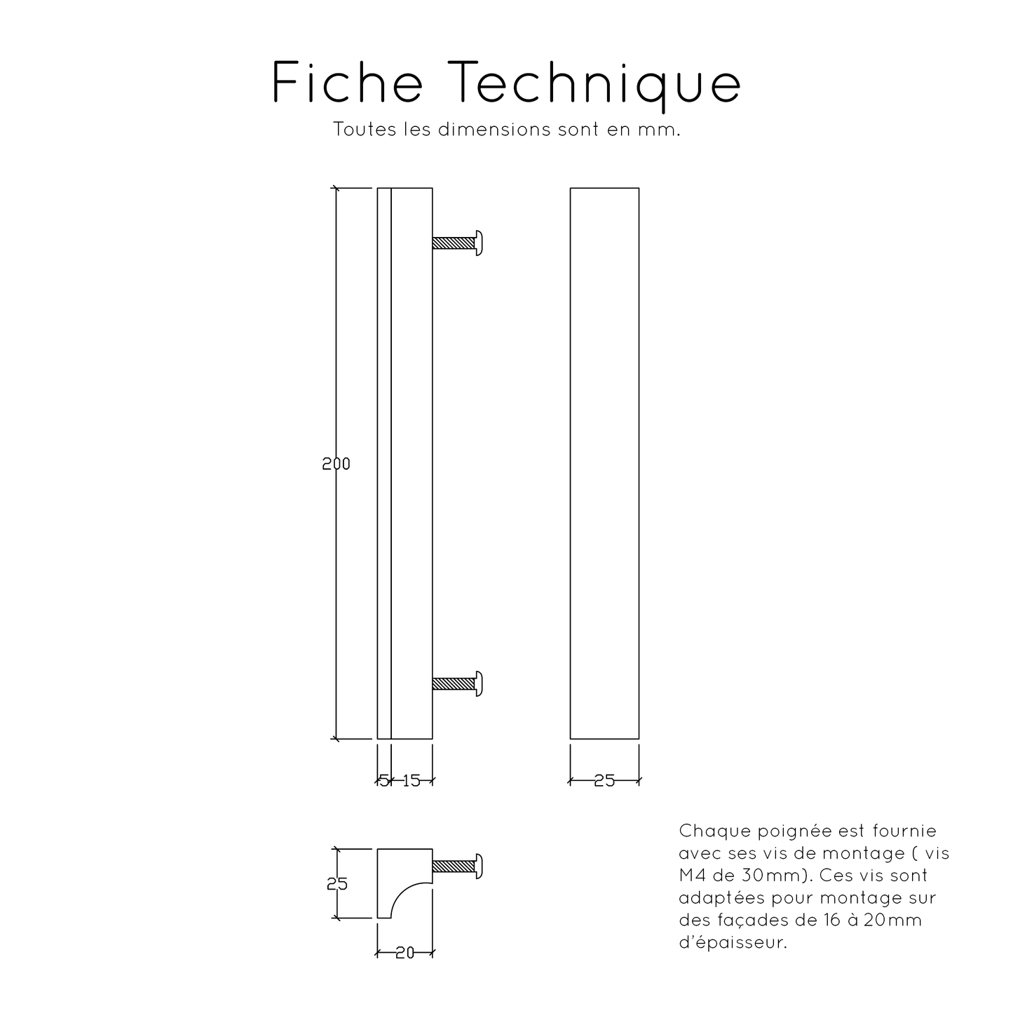 Fiche technique Poignée en bois noir massif pour meubles modernes et contemporains