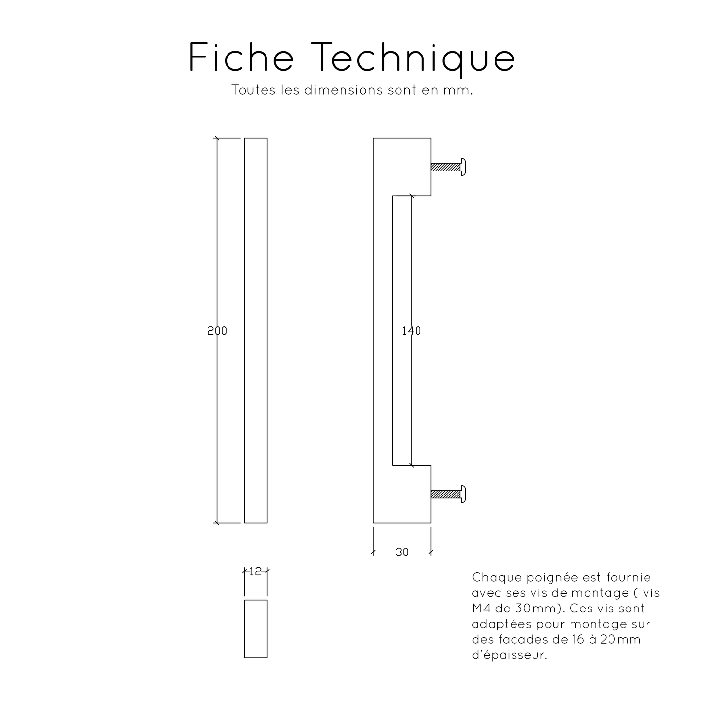 Fiche Technique Poignée de meuble en chêne massif, parfaite pour armoires et tiroirs de cuisine