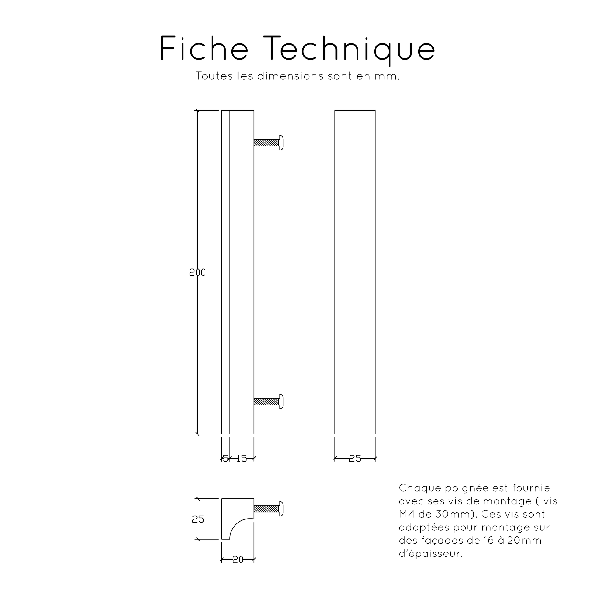 Fiche technique Poignée en bois noir massif pour meubles modernes et contemporains