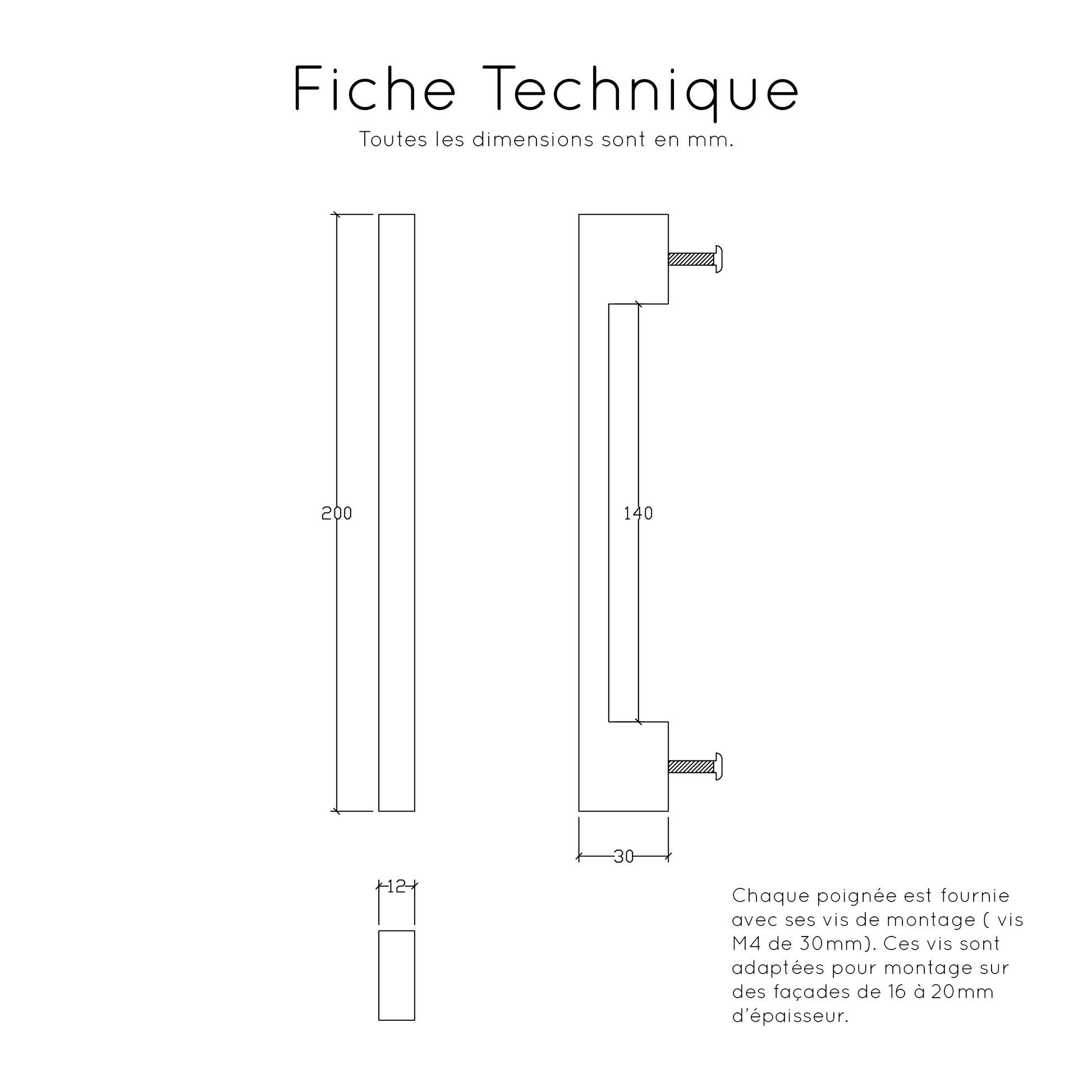 Fiche Technique Poignée de meuble en chêne massif, parfaite pour armoires et tiroirs de cuisine